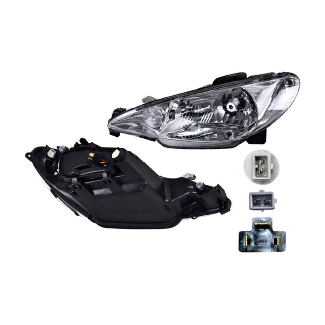 Faro Izquierdo para Peugeot 206 2003-2009 Halógeno Sin foco Sin motor Fondo cromado Eléctrico