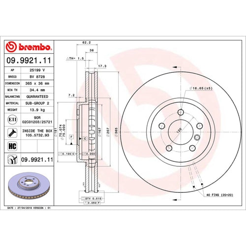 Disco de Freno Delantero para BMW X5 2007-2013 365 mm 36 mm de espesor 5 birlos