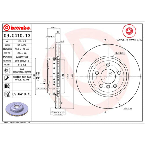 Disco de Freno Delantero para BMW 528I 2011-2016 330 mm 24 mm de espesor 5 birlos