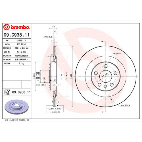Disco de Freno Trasero para Volvo Xc90 2016-2021 320 mm 20 mm de espesor 5 birlos