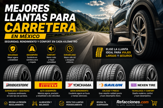 SUV manejando en carretera con llantas premium Llanta Bridgestone para carretera Neumáticos para viajes largos Llantas premium para SUV Llantas Pirelli para carretera en México
