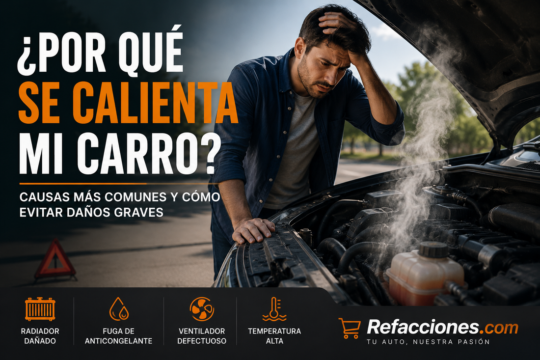 Persona revisando un auto sobrecalentado con humo saliendo del motor y radiador dañado
