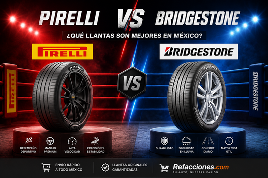 Comparativa entre llantas Pirelli y Bridgestone mostrando dos neumáticos frente a frente estilo combate con enfoque en desempeño y durabilidad