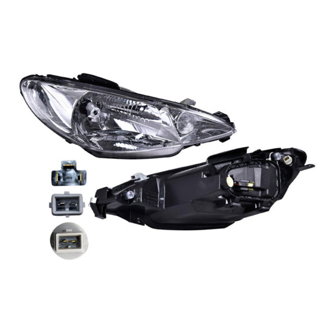 Faro Derecho para Peugeot 206 2003-2009 Halógeno Sin foco Sin motor Fondo cromado Eléctrico