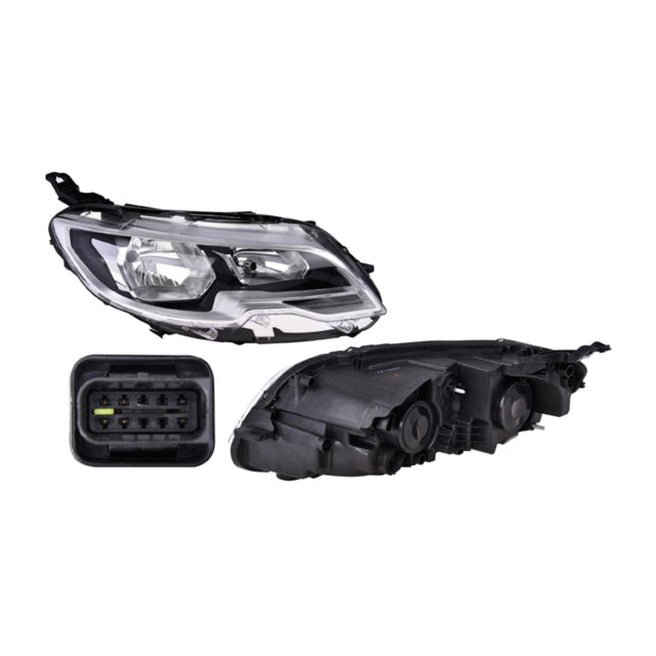 Faro Derecho para Peugeot 301 2018-2020 Halógeno Sin foco Fondo cromado Eléctrico