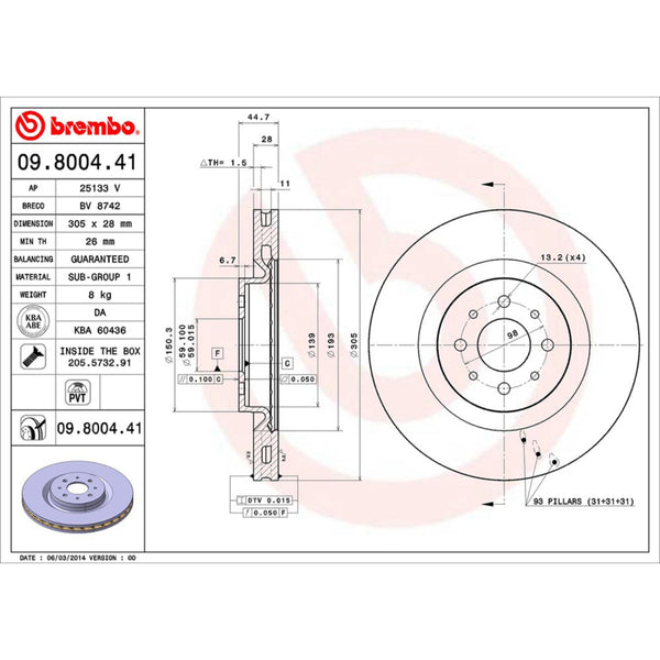 Disco De Freno Delantero Para Alfa Romeo Mito 2012-2019