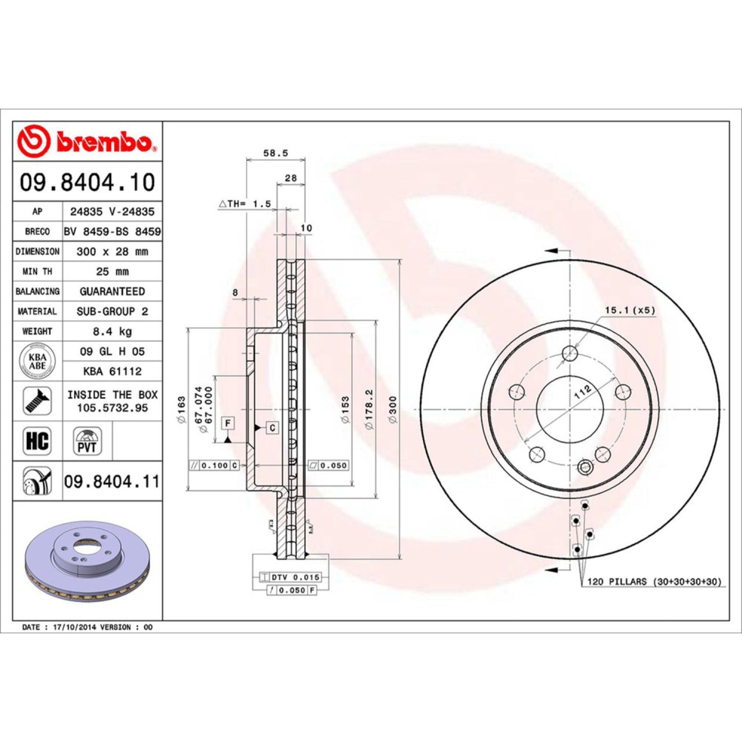 Disco De Freno Delantero Para Mercedes-Benz Vito 2009-2013