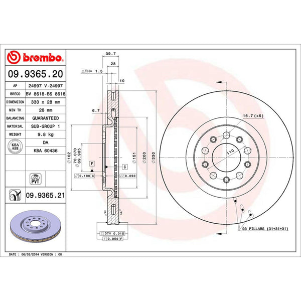 Disco De Freno Delantero Para Alfa Romeo Giulietta 2012-2021