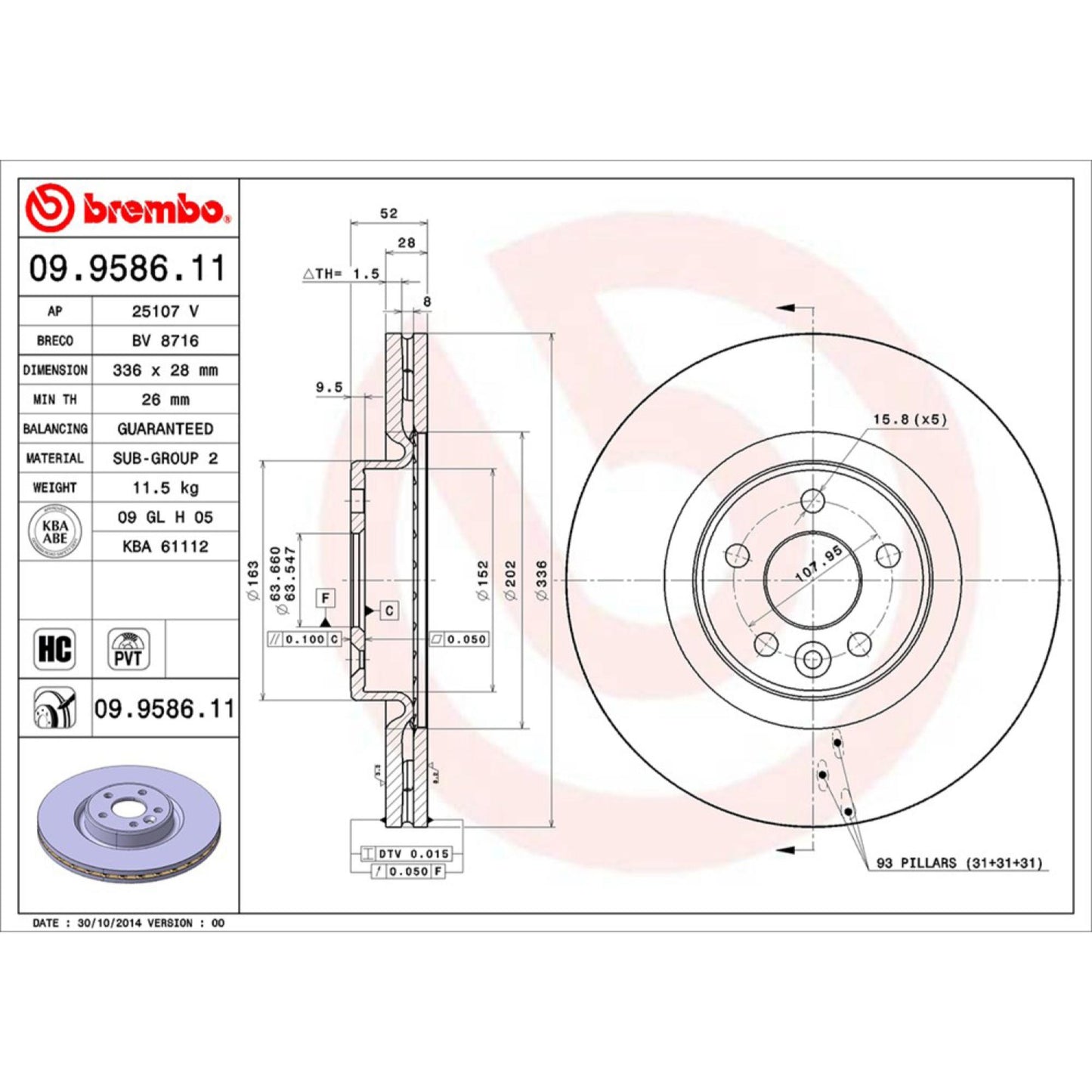 Disco De Freno Delantero Para Volvo S80 2007-2016