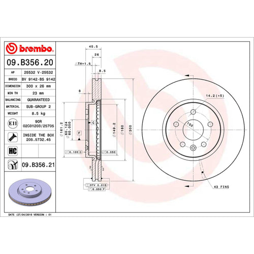 Disco de Freno Delantero para Chevrolet Sonic 2013-2016 300 mm 26 mm de espesor 5 birlos