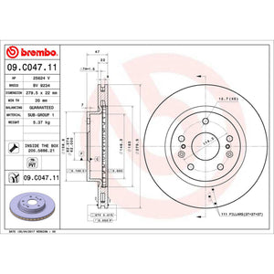 Disco de Freno Delantero para Suzuki S-Cross 2014-2018 279.5 mm 22 mm de espesor 5 birlos