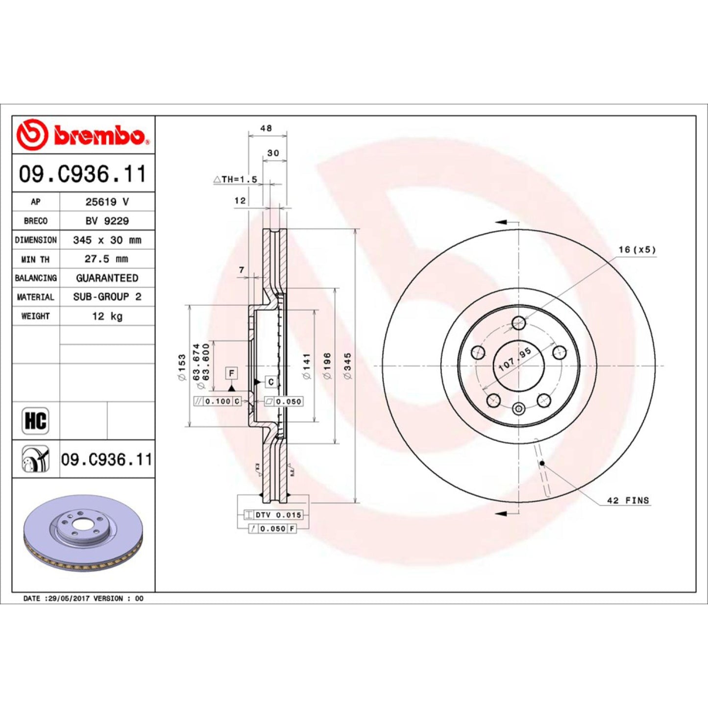 Disco De Freno Delantero Para Volvo Xc90 2016-2021