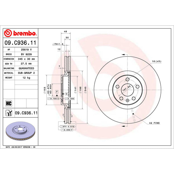 Disco De Freno Delantero Para Volvo Xc90 2016-2021