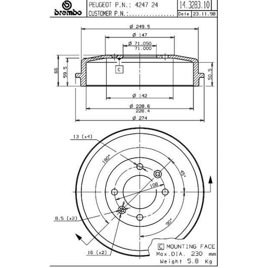 Tambor De Freno Trasero Para Peugeot Grand Raid 2007-2012