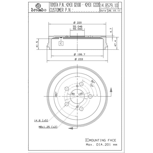 Tambor De Freno Trasero Para Toyota Corolla 2003-2008