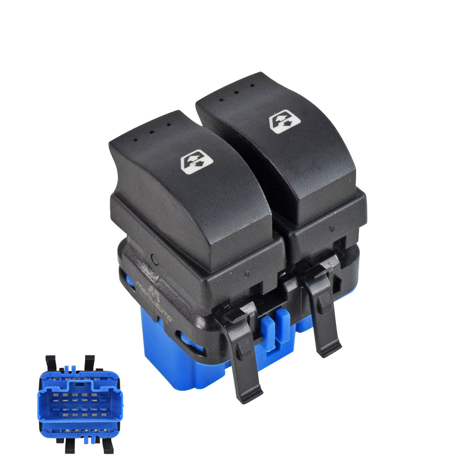 CONTROL ELEVADOR RN CLIO EURO 07-12 10 PINS 2 TECLAS NEGRO BASE AZUL DOBLE CLICK 12VCC MNJ IZQ Delantera